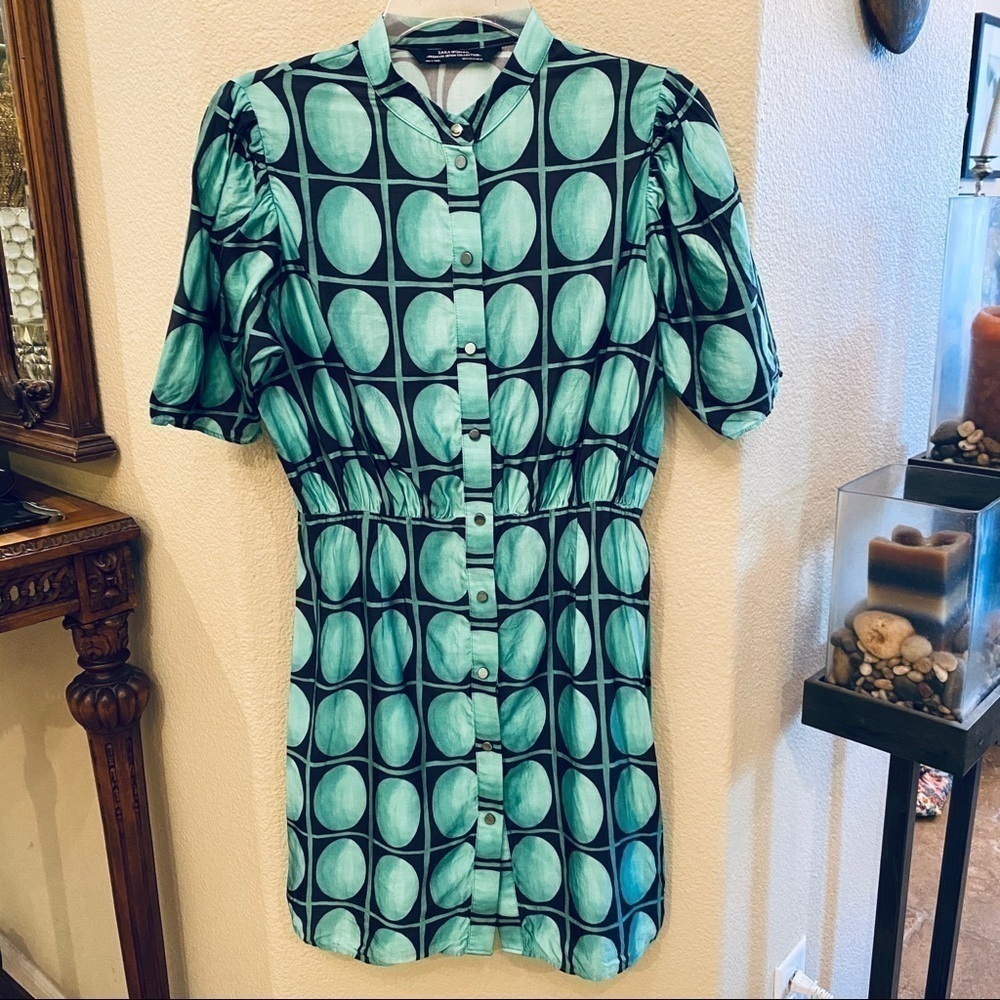 ZARA Women Green Patterned Button Front Short Sleeve Dress Size Xsmall